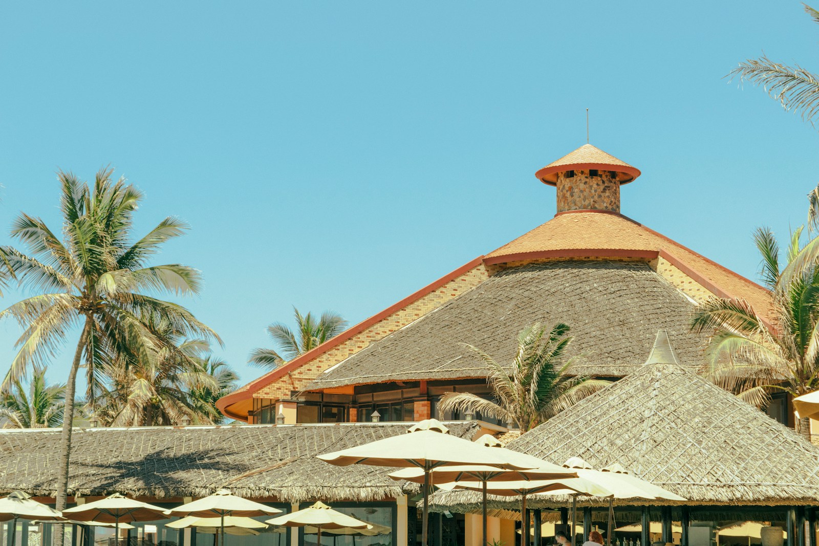 Anahita Resort: a building with a thatched roof surrounded by palm trees